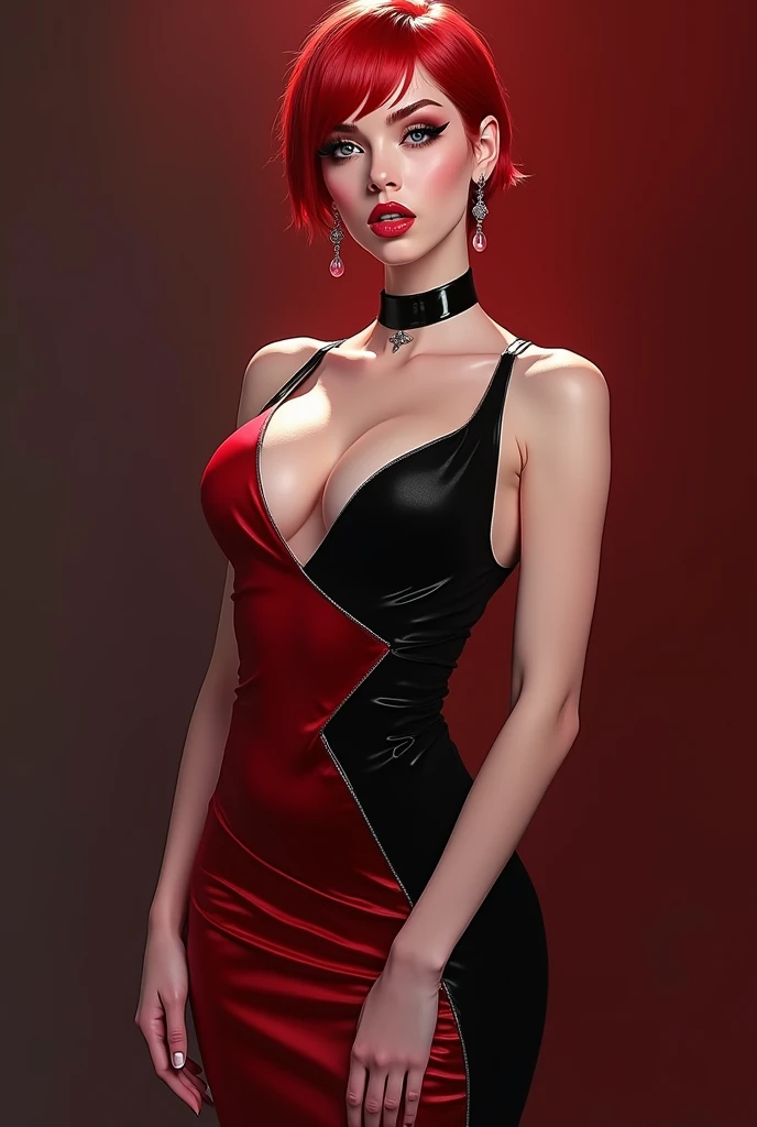 Full body photography, whole body, gorgeous woman, red hair, pixie cut, short black and red asymmetric dressLooking at the viewer, 独奏, ​masterpiece, High resolution, anatomically correct, best quality, Multiple awards, super detailed, uhd, textured skin, b...