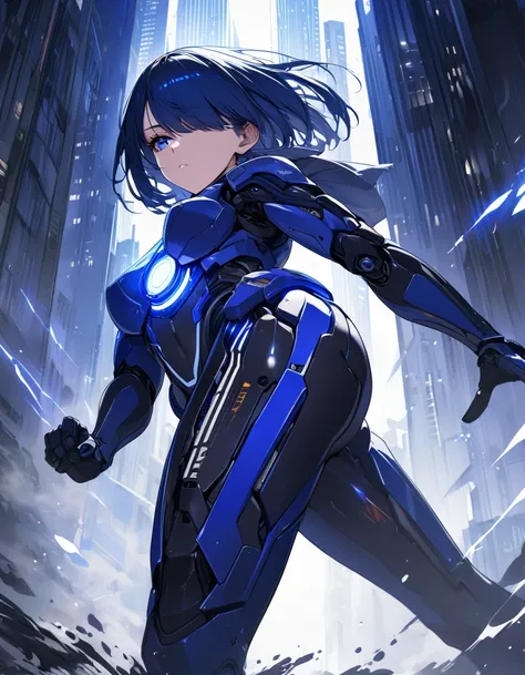 (masterpiece)、(absurdres)、(ultra detailed)、(8k),Anatomically correct,(Anime illustration:1.1)solo girl,Slender:1.1,shiny ultramarine hair,straight hair,short bobcut:1.1,ultramarine eyes,hair covering one eye:1.1,irisless eyes,mechanical suit,Sprint,running...