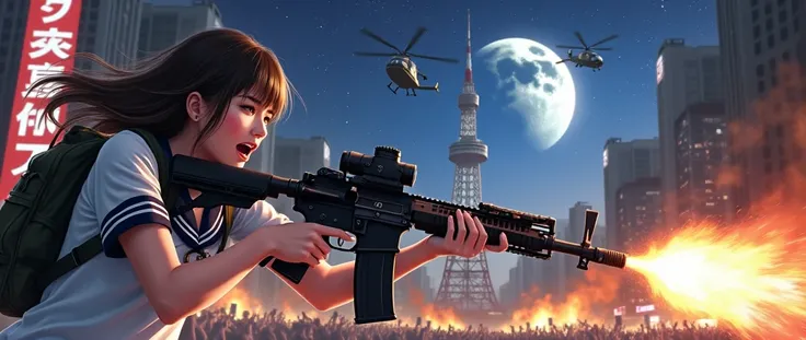 Detailed photo quality、Photorealistic、The background is the Roppongi intersection in Tokyo.、Tokyo Tower in the center of the background、Beautiful night sky with stars、An enormous HALF MOON in the center of the sky、Many living dead surround the protagonist....