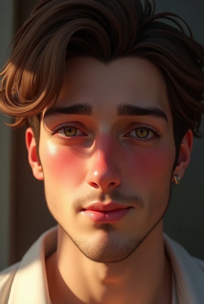 a handsome man,who has brown hair,he is blushing