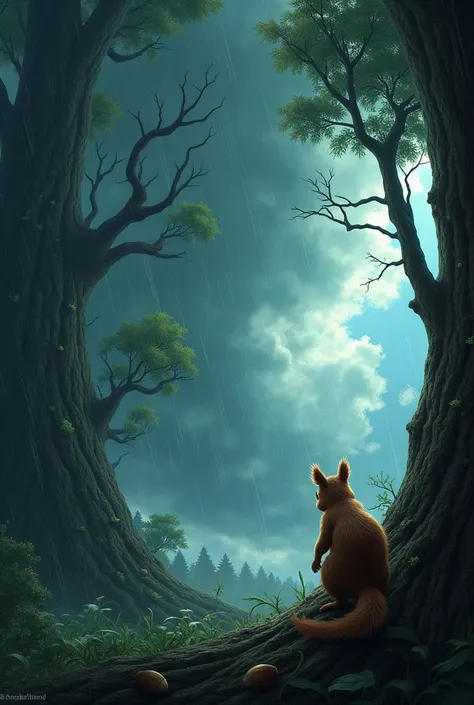 2. **Storm in the Forest:**
   - The forest is being battered by a fierce storm with strong winds and heavy rain. The sky is dark and filled with swirling clouds. Trees are bending in the wind, and nuts and leaves are being blown away. Sam the squirrel is ...