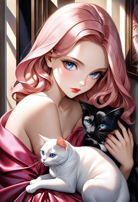 Artistic background in the style of Tamara de Lempicka, Tamara de Lempicka style figures、Tamara de Lempicka style、Cool Beauty, Striking eyes, Shiny, silky pink hair, Bewitching expressions, compensate, holding a calico cat, Subtle and dynamic textures, Lig...