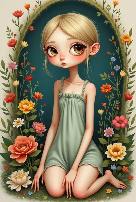 a drawing of girl sitting with flowers behind her, but the girl has an oval shape and elongated body parts