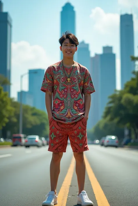 Professional full body photography of a handsome young man with long hair wearing a cross necklace, Korean soft oval face, wearing a red and green batik patterned t-shirt, Shorts, sports shoes, posing cool on the side of the highway, while smiling cheerful...