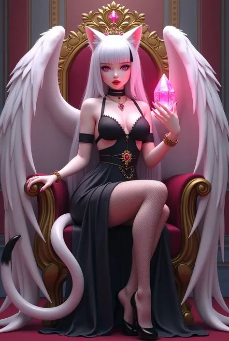 Cat girl with pink eyes and vertical pupils, with size 3 breasts, with pale, almost white skin, with a big butt, with straight white hair with a black streak, on the head are white cat ears, with a fluffy white tail with a black tip, small neat nose, red p...