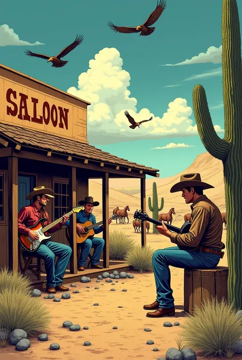 Hyperrealistic color comic 1950s a cowboy drinking beer on the porch of a saloon a cowboy playing an electric guitar another cowboy plays a violin another cowboy plays the banjo around the desert cactus armadillos eagles flying horses around