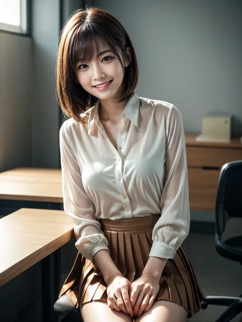 Highest quality, Realistic, Very detailed, finely, High resolution, 8k, Cinema Lighting, 1 person, Beautiful Japanese Women, 30 years old, light brown straight bob hair, Wear a white blouse and a black pleated skirt, (Blurred Background, office, noon, Ligh...