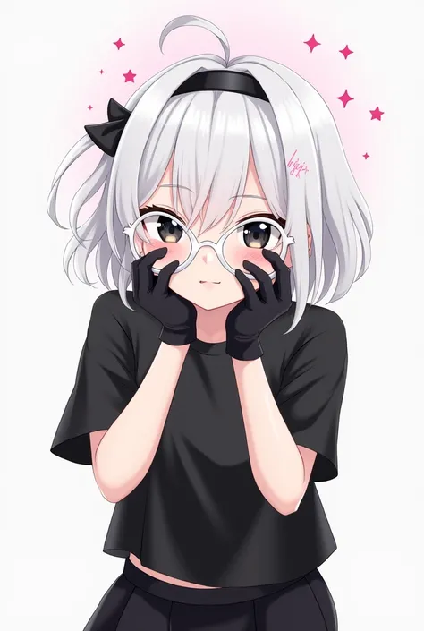 white glasses and white small hair and headband white and stars pink on the hair and black shirt flurtion and black pants and gloves black on the hands and black eyes on the face and anime picture