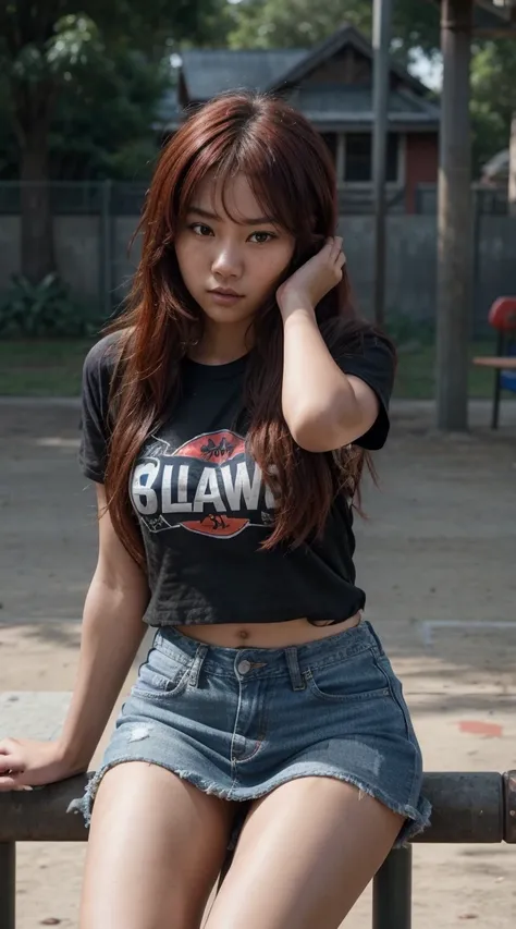 2teenage girl, mongoloid, asian, dark_skin, red hair, random hair styles, random shirt, denim skirt, sitting poses, playground background, crowd of people around, blurry background, natural lighting