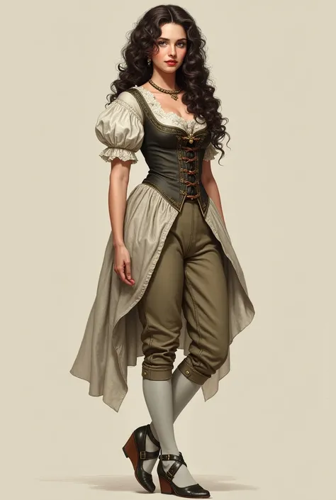 Portrait of Lizzie Greene wearing: knee-lenght breeches, a short-sleeved chemise, a corset, wedge buckled sandals and a long curly wig, detailed feet, beautiful detailed eyes, beautiful detailed lips, extremely detailed eyes and face
