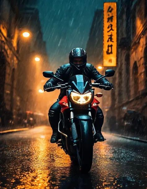 masterpiece, highest quality, a sport motorcycle, riding through a rainy city, in an 8k high-resolution image.