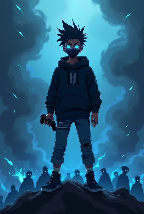 A shadow teen boy , chocolate skin,holding a PlayStation controller ,anime style, while standing on a shadow people, wearing a skinny jean,black hoodie ,dark smoke arising in the background,with blue glowing eyes with blue flame,with a small mohawk hair st...