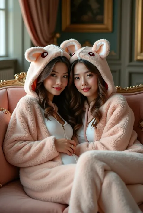 Two beautiful European women are wearing plush animal plushsuits, lying on a velvet couch together in a large living room, 8K, Bright eyes, Best Quality,