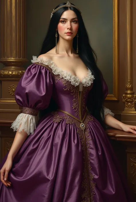 Create an image of an old painting, of a princess with long straight black hair in a purple dress (in the style of Marie Antoinette)