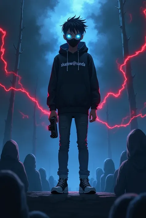 A shadow teen boy , chocolate skin,holding a normal size PlayStation 5 controller ,anime style, while standing on a shadow people, wearing a skinny jean,black hoodie written shadow@
vanda on it ,dark smoke arising in the background,with blue glowing eyes w...