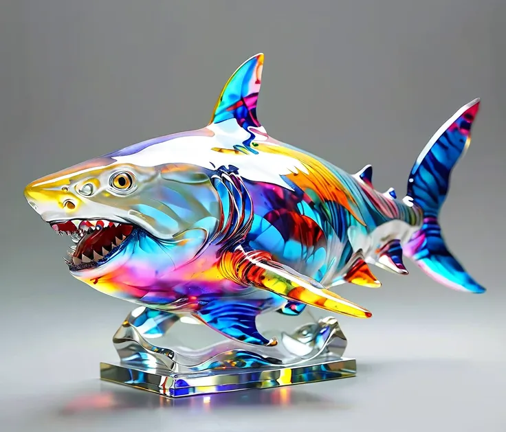 gl4ssj3m, (chubby, male, shark), transparent glass sculpture, vibrant colors, done by artists such as ruan jia, hires textures, ...