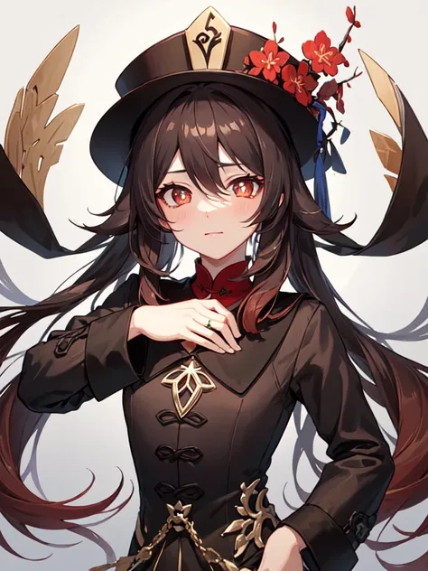 (masterpiece, sidelighting, finely detailed beautiful eyes: 1.2), masterpiece*portrait, lustrous skin,ik1, 1girl, pikkyhutao, 1girl, brown hair, long hair, symbol-shaped pupils, solo, red eyes, looking at viewer, twintails, flower, hat, long sleeves, bangs...