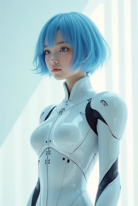 beautiful young japanese girl with short blue hair,use a white rohotic suit