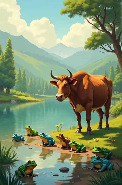 the frogs and the cow beside the lake landscape
