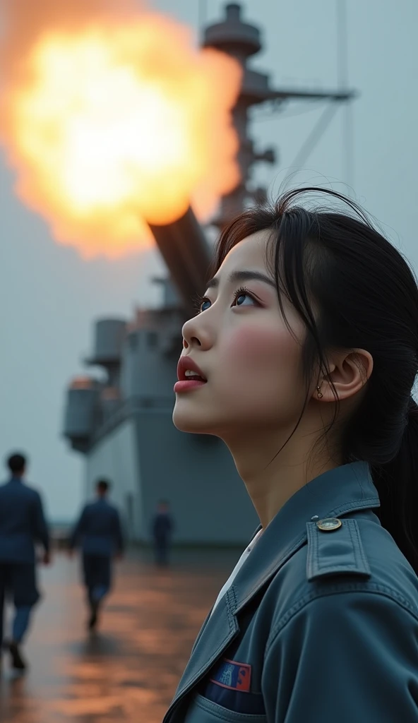 documentary photo, Photo-realistic, ultra-realistic, (very beautiful Japanese young woman, her beautiful face is looks like a famous Japanese idol:1.3), (super cute face), (large battleship crew of Japan navy), wearing a Blue-gray camouflage patterned navy...