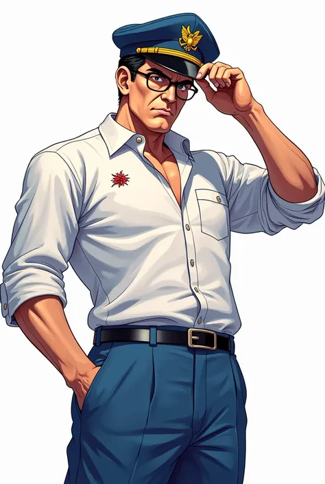 drawning, high qualiy, bright coloured, naughty man, hq-style, Average height, 40 year old, black square hair, glasses, Seriously, blue pants, white dress shirt, three claw wound to the chest, holding a pilot&#39;s keep, Action scene, Tama apocalypse, whit...