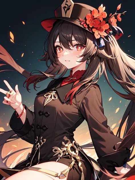 (masterpiece, sidelighting, finely detailed beautiful eyes: 1.2), masterpiece*portrait, lustrous skin,ik1, 1girl, pikkyhutao, 1girl, brown hair, long hair, symbol-shaped pupils, solo, red eyes, looking at viewer, twintails, flower, hat, long sleeves, bangs...