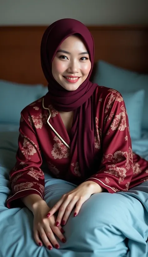 matured Chinese woman in hijab wearing sexy maroon pattern pajamas slipng in bed portrait photography, hugely breasts, lying in bed, mid shot photo, ultra detail, professional photograph with professional lighting, smile, perfect finger with maroon nails, ...