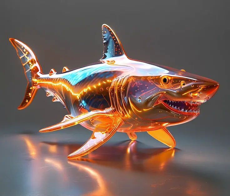 gl4ssj3m, (chubby, male, orange shark), glowneon, transparent glass sculpture, vibrant neon, hires textures, highly detailed, in...