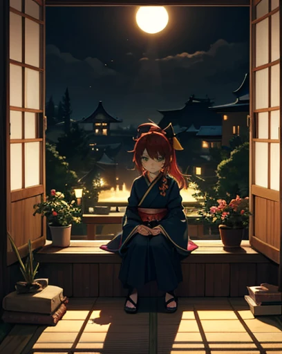 Woman, young, child, beautiful girl, red hair, yellow tips, frizzy hair, ponytail, yellow-green eyes, ninja, fantasy, RPG, town, Japanese style, round shoji window, sitting, garden view from window, dark room, only light outside the window, sad atmosphere,...