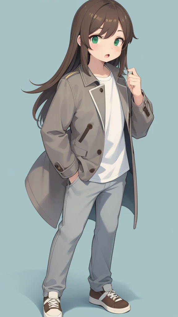 flat color, boy, shiny hair,  gray coat, white shirts, blue trousers, open mouth, looking away, standing, brown hair, green sneaker, full body, white background, masterpiece, high quality, high-details, best quality, (solo)