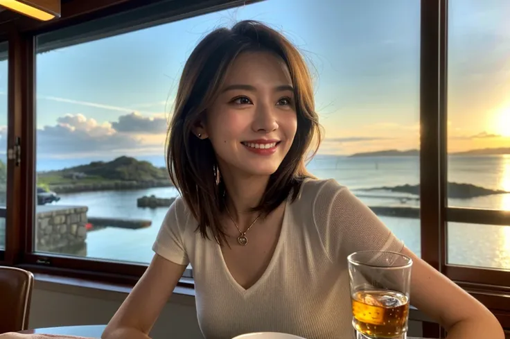 (Realistic, 超Realistic:1.4), 16k hdr, High resolution,Brown short hair,Happy Smile、The best smile、Lovers、Japanese actress,Super Beauty(Like the real thing),Short sleeve dress,Whiskey bottles、The Macallan、Johnnie Walker、、Old Parr、whiskey、Suntory、Nikka、Slim ...