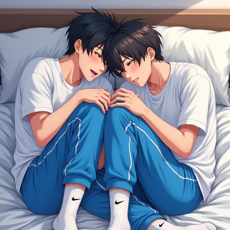 Two anime style Asian boys wearing white shirts and bright blue sweatpants，Wearing white Nike socks on the bed，One person buries his face in another person&#39;s buttocks，There is a little white mucus on their palms