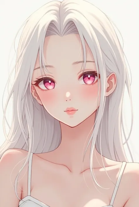 manga girl with white hair, her face is very beautiful like an angel, her skin is as white as milk, her eyes are crystal pink 