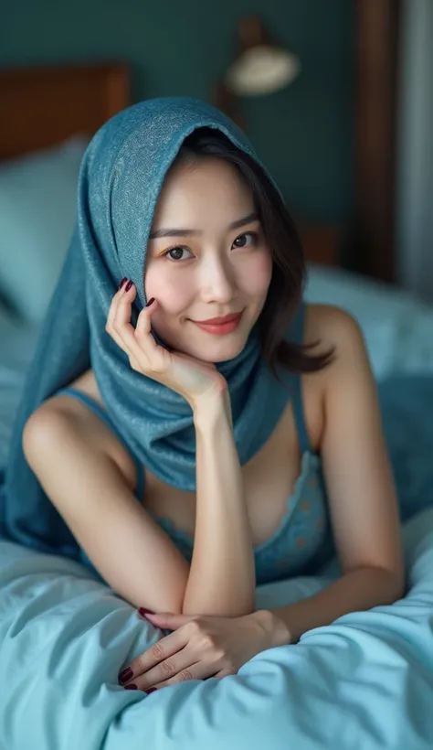 matured Chinese woman in hijab wearing sexy blue pattern lingerie, slipng in bed portrait photography, very big breasts, lying in bed, mid shot photo, ultra detail, professional photograph with professional lighting, smile, perfect finger with maroon nails...