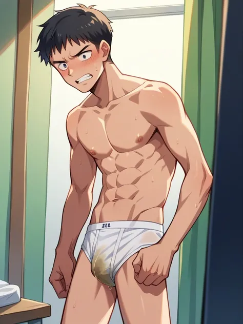 Anime, In the locker room, young slender and mascular 20 years old man in his tighty whities has pissed himself.  He couldnt hold his pee. Theres a pee wet spot on his crotch. Pee wet stain on his briefs. He looks ashamed of peeing himself.  Anime 