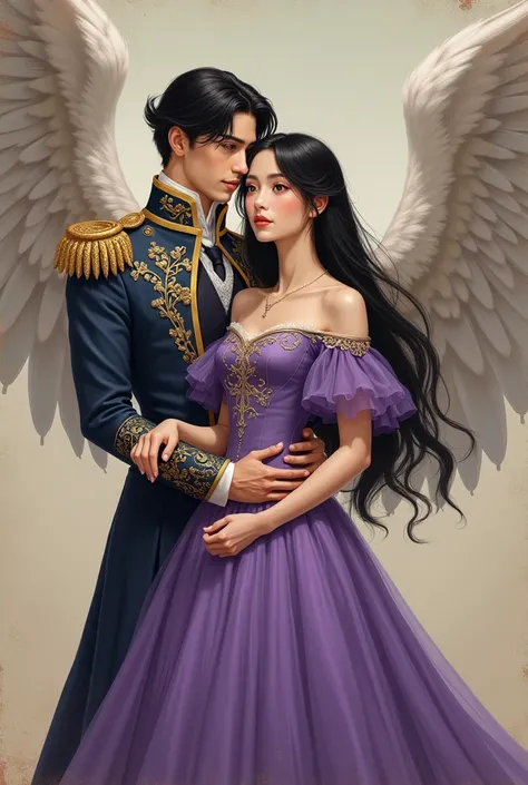 Make an old picture that looks like a painting of a princess with straight black hair and light brown eyes and a strong purple dress and winged prince with black hair and well dressed like the beginning sovieshu of the webtoon the divorced empress 