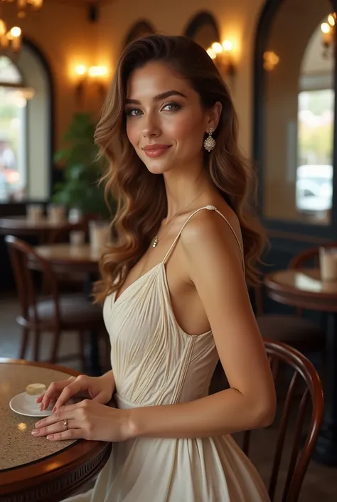 a woman in a classic dress, beautiful detailed face, beautiful detailed eyes, beautiful detailed lips, elegant pose, full body shot, beautiful cafe background, realistic, photorealistic, 8k, high quality, professional, vivid colors, dramatic lighting, cine...