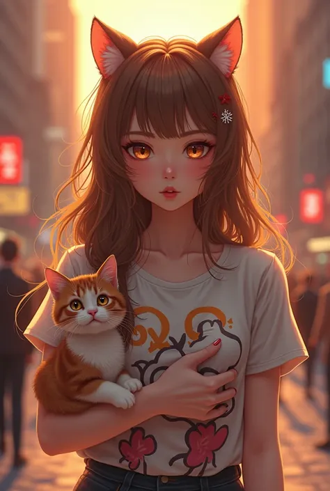 4K.HD. (Masterpiece, Best Quality, ) ,bokeh, a girl, Light brown beautiful hair, Light brown eyes, Plump breast, Blushed face, (cat ear:1.2), colourful t-shirt,  (Japanese idle:1.6), holding a pretty cat,   Looking at the viewer, (background is sunset wall...