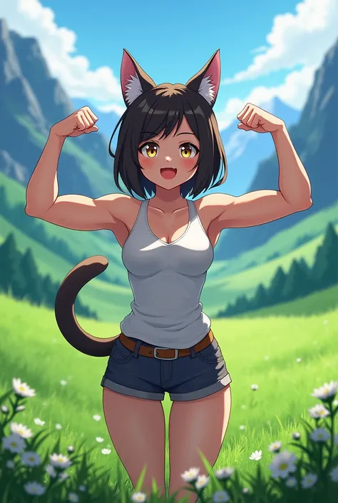 anime　girl　smile　biceps　Cat ear　grassland　Mountain　null　Fighting