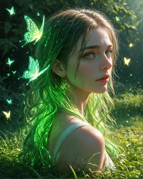 a detailed nightscape, intricate details, 8K, with beautiful glowing butterflies, amazing grass green neon glow, highly detailed, photorealistic, intricate details, stunning lighting, cinematic, majestic, vibrant colors