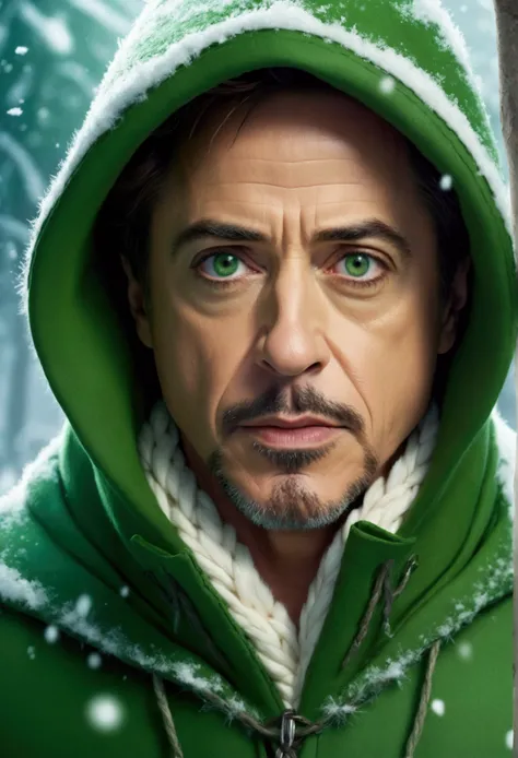 Robert Downey wearing green hooded and his eyes glowing green,super realistic, Super realistic cinematic Winter scene with snowflakes around, 8k, Hyper Realistic Face, Highly detailed Face, uhd