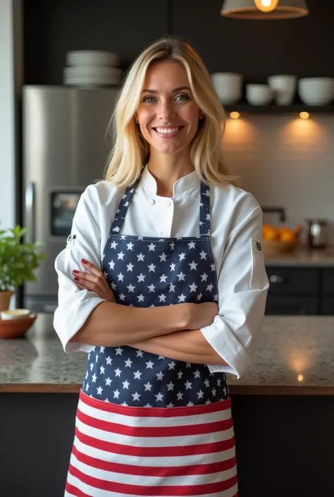 " Real 40-year-old American woman with blonde hair. She is wearing modern cooking clothes with the flag USA, such as a sleek chefs coat and apron, and is standing confidently in a contemporary kitchen. The kitchen should have a clean, modern look with high...