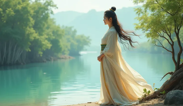 A serene princess wearing traditional attire, standing on the banks of a calm river that stretches into the mangrove forests, giving off a peaceful coastal vibe.