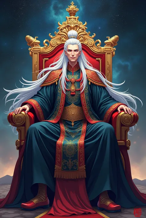 A man with long white hair and red eyes in a magnificent ancient Chinese costume sits on an equally magnificent throne. The background is a universe full of stars. Anime 2D