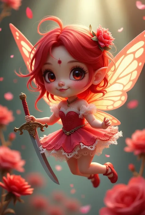 Create chibi female fairy in red, red mark on forehead, sword handle