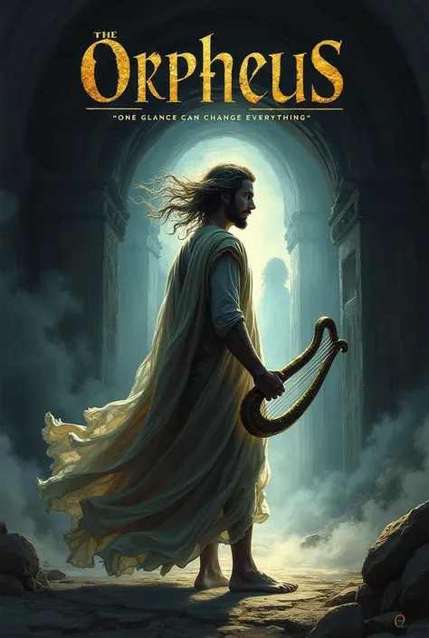 Create a dramatic movie poster depicting Orpheus from Greek mythology. He stands at the entrance of a dark, mystical underworld, holding his golden lyre. His face is torn between hope and despair, as he looks back over his shoulder at a shadowy, ghostly fi...