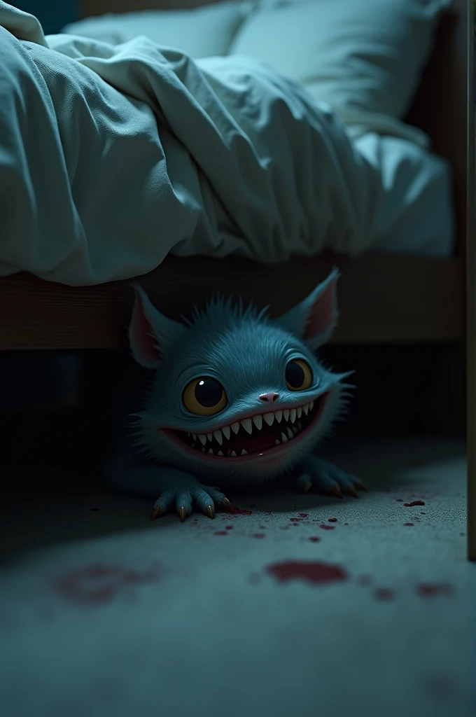 cute monster, hide under the bed, horror vibe, photographed, detailed, best composition