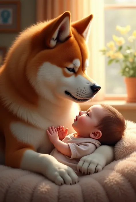 High resolution、Realistic、Akita dog and baby、Looking at the baby with a gentle expression、photograph