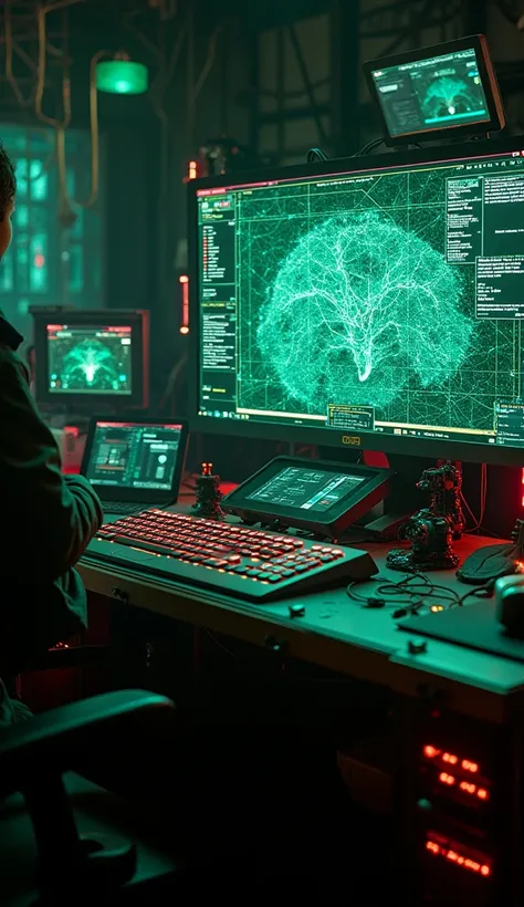 Computer for Hacking
Style: Dark cyberpunk surrealism
Lighting: Flickering green and red neon lights with deep shadows
Background: A hidden underground lair filled with mysterious gadgets and encrypted data streams
Details:

Hardware: The computer features...