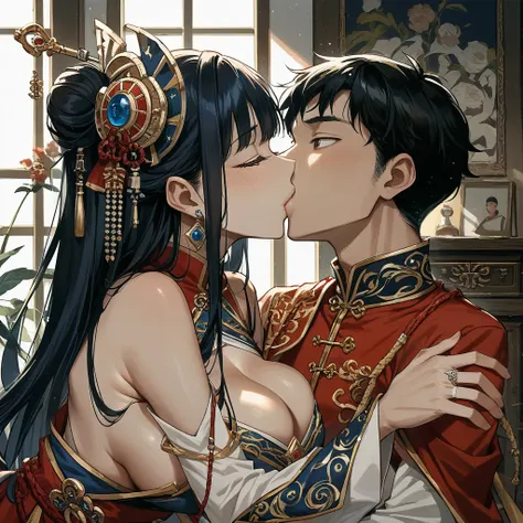 ((Highest quality)), ((masterpiece)), (detailed), （Perfect Face）、The woman is a young, beautiful, well-proportioned, busty Japanese woman wearing an engagement ring.、A woman hugs and kisses a middle-aged Chinese man in a Chinese bedroom, and the man insert...